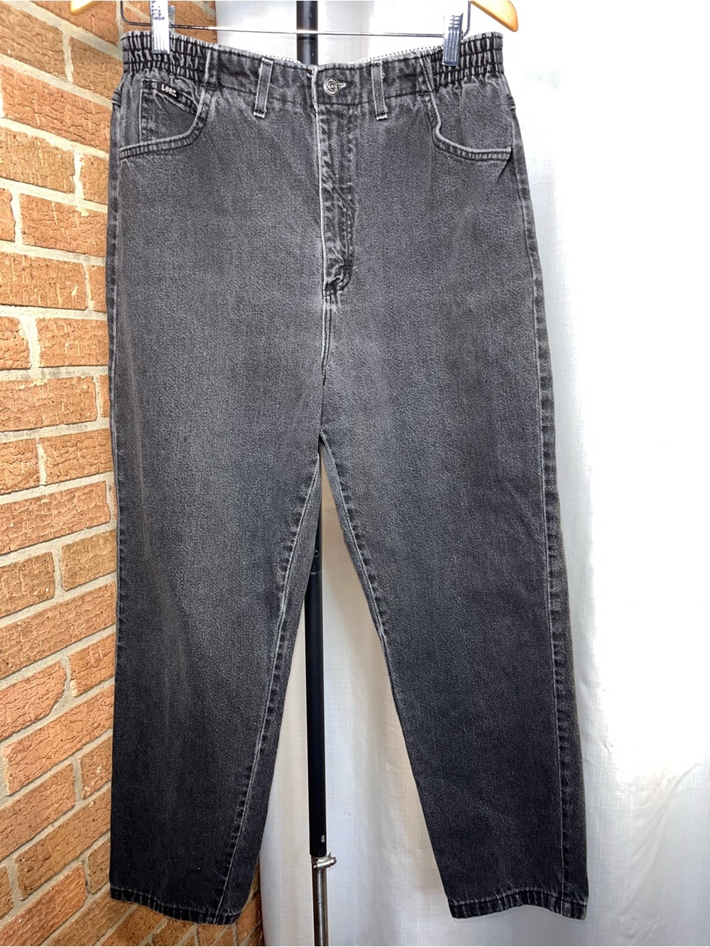 Lee Vintage Black Wash Elastic Waist Mom Jeans High Rise Tapered Leg Size 12P
